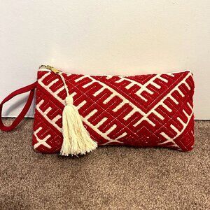 Red & White Geometric Stitched Pattern Enchante Accessories Clutch Tassel Strap